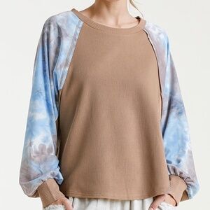 Umgee Waffle Knit Top | NWT | Tie Dye Balloon Sleeves | Mocha Mix | Sizes S M L
